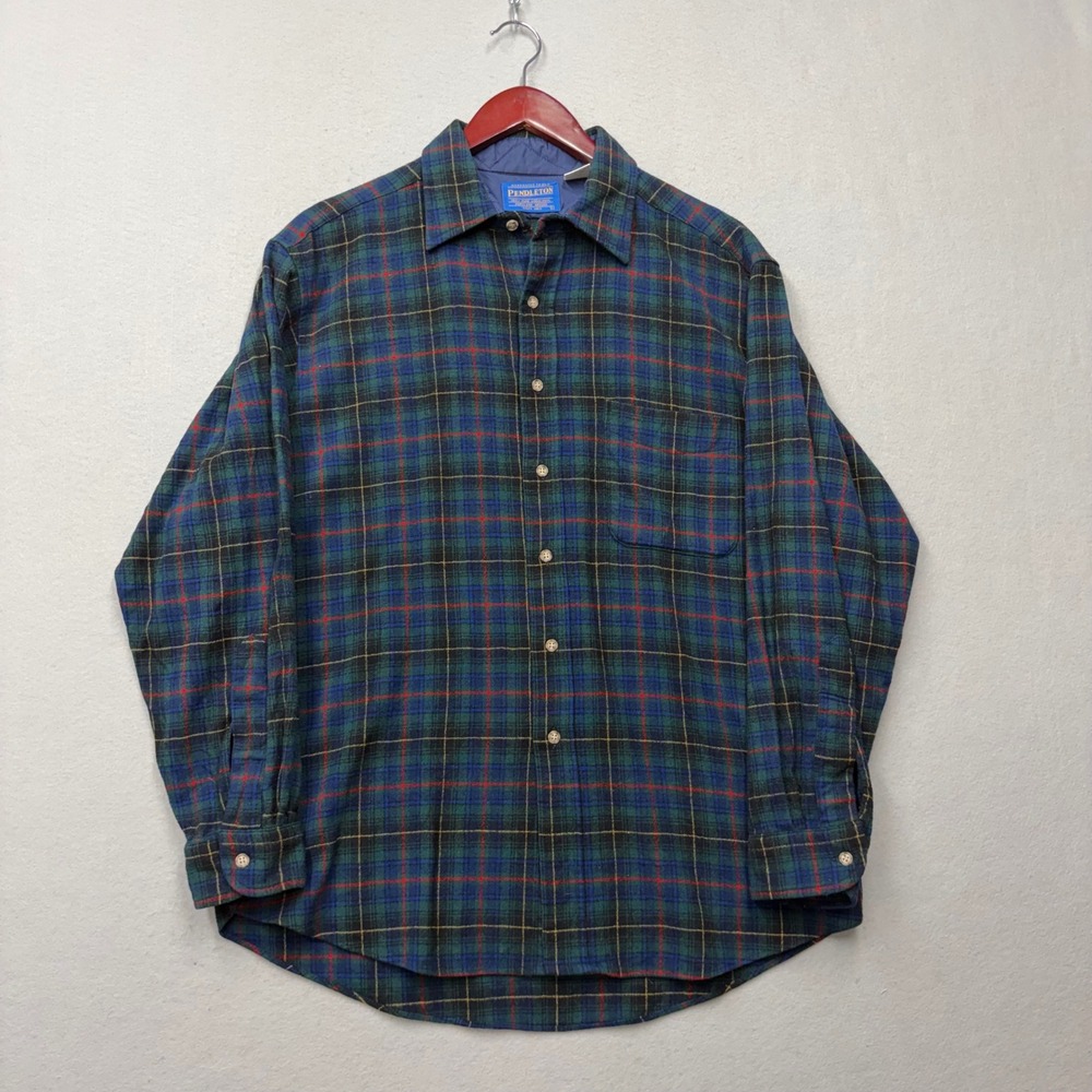 Pendleton Board Shirt Mens Large Blue Green Plaid Wool Button Up Vintage USA